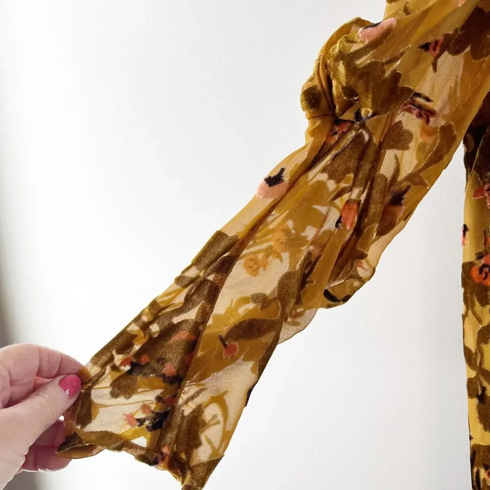 Floral Keyhole Mock Neck Blouse - Mustard - Picture 7 of 11